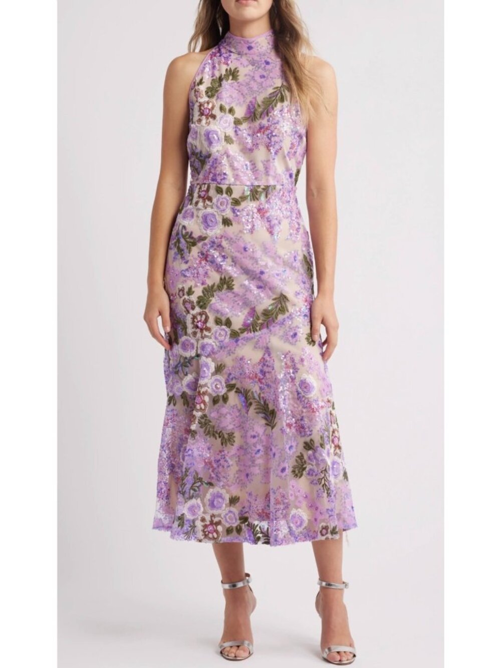 Sam Edelman Women Floral Lace Sequin High Neck Sleeveless Midi Dress Size 8